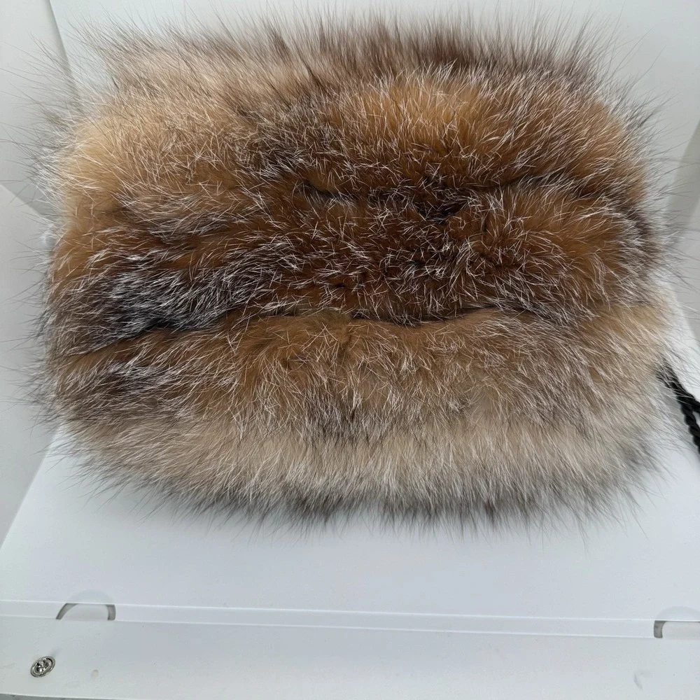 Fur Womens Hand Muff Hand Warmer Braided Wrist Strap Inside Zippered Pocket